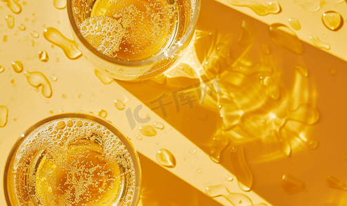 黄色背景中带苹果汁和苏打水的透明玻璃的顶视图