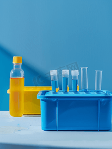 化学教学摄影照片_蓝色塑料容器中的学校实验室材料自然科学研究