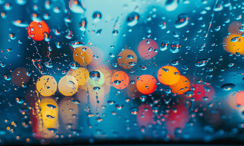 橙色的汽车摄影照片_汽车玻璃上的雨滴和彩色交通散景灯