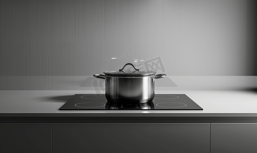 黑色家居摄影照片_电炉上的钢锅现代黑白厨房