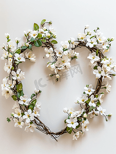 水彩植物花朵摄影照片_温柔的心形花环与白色的花朵