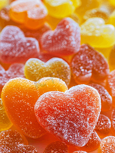 心形红色摄影照片_两颗心形的糖果旁边是很多糖果心形的果酱糖果