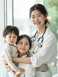 门诊部治疗亚洲年轻妈妈带着孩子看医生
