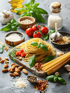 意大利面配新鲜自制香蒜酱和食材