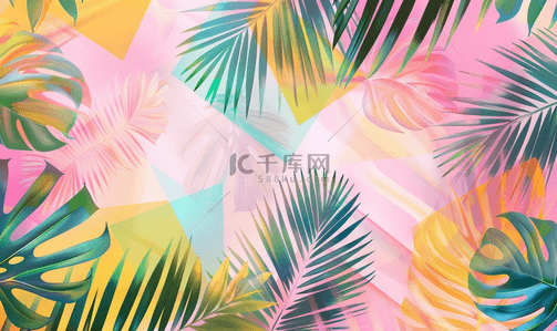 植物背景森林背景图片_抽象几何三角形背景上的激光棕榈叶热带无缝图案