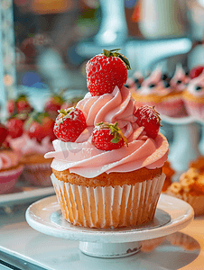 草莓装饰摄影照片_面包店里的草莓蛋糕图片