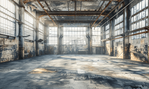 破碎时空摄影照片_一座废弃旧工厂的工业内部