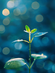 新的生活概念蓝色背景上的小绿芽与散景的照片