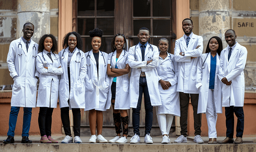 一群非洲医学生在户外对着大学门摆姿势