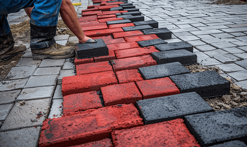 工人铺设红色和灰色混凝土铺路块道路铺设施工