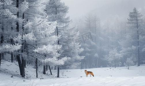 雪覆盖的松树和孤独的狗美丽的冬季风景霜冻自然
