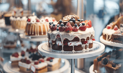 dp橱窗摄影照片_糕点店橱窗展示各种甜点和蛋糕的选择性焦点