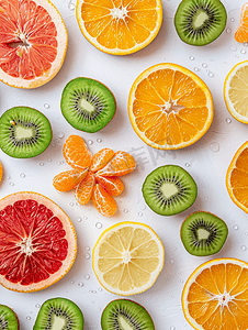 白色背景上的柑橘片、猕猴桃橙子和葡萄柚水果背景