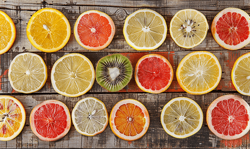 热带水果纹理摄影照片_木制背景上橙子、柠檬、猕猴桃、葡萄柚图案切片的特写