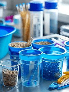 蓝色塑料容器中的学校实验室材料自然科学研究
