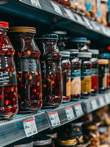价格分类摄影照片_超市或杂货店货架上自制的花生果酱罐