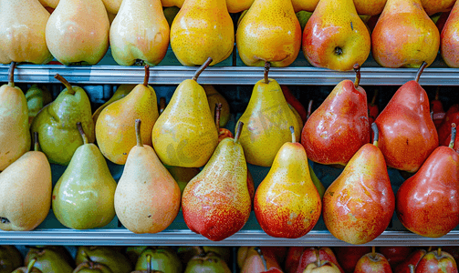 新秋季上新摄影照片_超市或杂货店货架上色彩鲜艳、闪闪发亮的新鲜水果梨