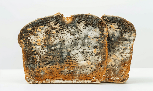 白色背景黑麦面包上发霉的不可食用的变质食品霉菌