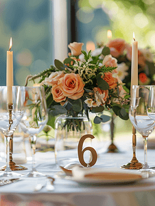 数字花卉摄影照片_餐厅婚礼餐桌上的第六号