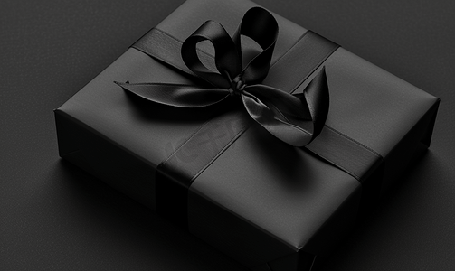 报价摄影照片_黑色礼品盒带黑色丝带孤立在黑色背景上