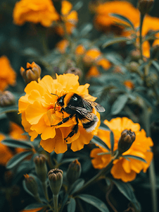 大自然的颜色摄影照片_黄色盛开的万寿菊上的大黄蜂大自然之美