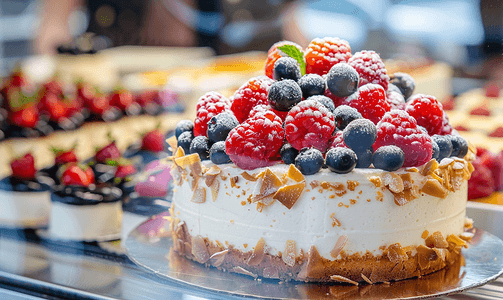 面包销售摄影照片_糕点橱窗店新鲜烹制的浆果芝士蛋糕