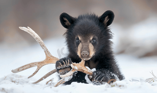 非常可爱的黑熊幼崽玩鹿角