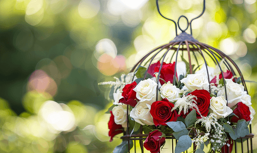 鸟笼玫瑰摄影照片_户外装饰鸟笼红色和白色玫瑰的婚礼装饰