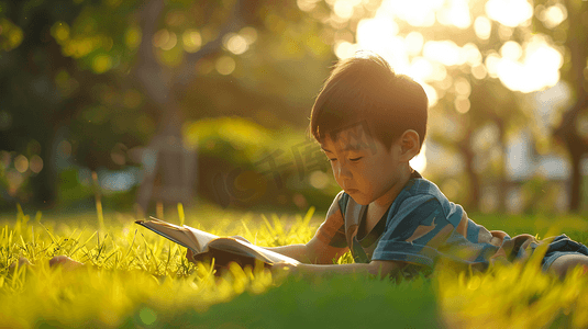 草坪上看书的儿童摄影3