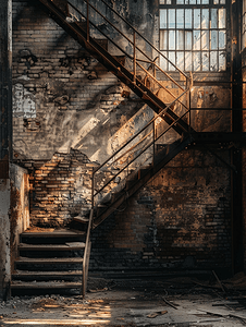一座旧废弃工厂的工业内部阴影可怕概念的楼梯
