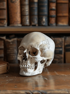 桌子上的书籍摄影照片_图书馆桌子上的头骨模型