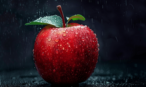 浅蓝背景摄影照片_黑色背景上红苹果光滑表面上的水滴