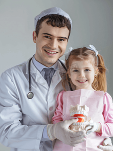 手拿牙齿模型的小女孩和医生