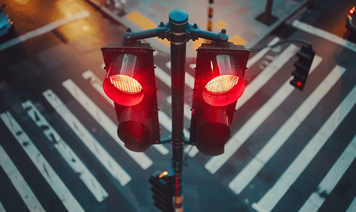 十字路口中间的红色交通信号灯