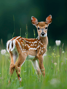 草地上长着蓬松白尾巴的斑点小鹿