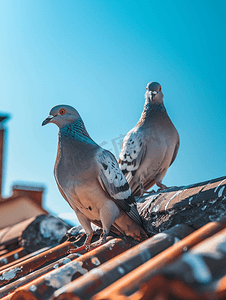 阳光下的屋顶上的鸽子