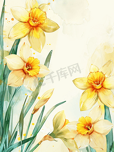光感标题摄影照片_春天水彩框架与水仙花花
