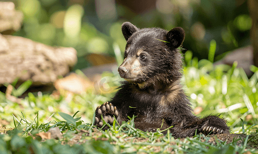 可爱动物幼崽摄影照片_可爱的棕色黑熊幼崽在外面玩耍