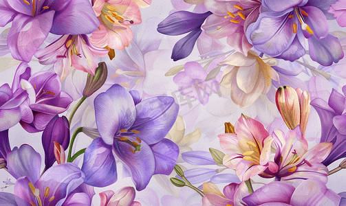 节气水彩摄影照片_百合与小苍兰花水彩紫色无缝图案