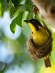 环保食品摄影照片_巢鸟织布鸟挂在树自然背景上
