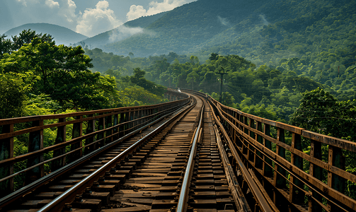 森林山谷上方的高架铁路线