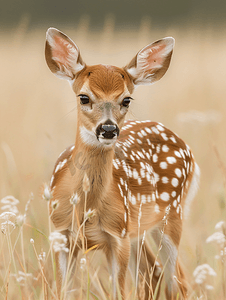 草地上长着蓬松白尾巴的斑点小鹿