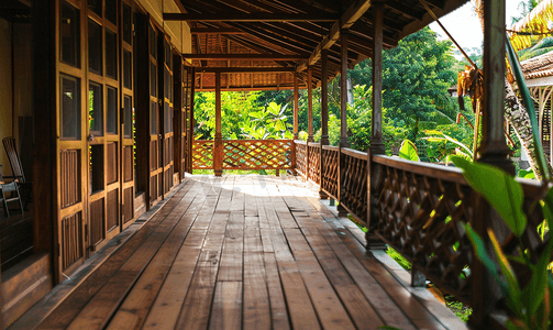 度假创意摄影照片_木制村庄度假屋的空荡荡的大厅阳台