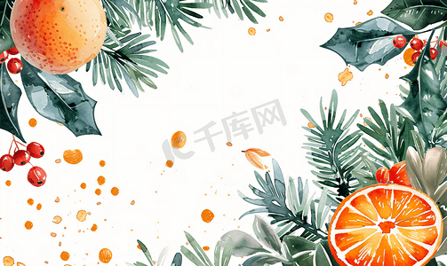圣诞水彩橙子和冬季植物卡