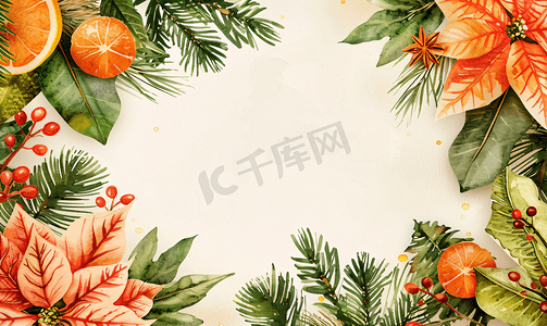 新年小标题摄影照片_圣诞水彩画框配有松树、一品红、橙子和冬季香料