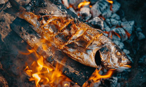 烤鲜鱼的顶级景观在户外用火烹饪烧烤海鲜