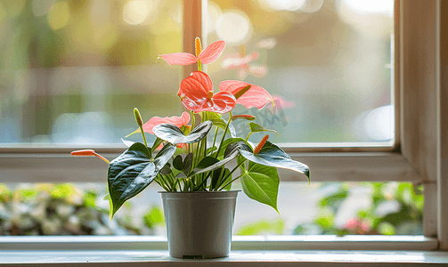 红色福字背景摄影照片_窗台家庭园艺家庭植物中粉红色盛开的红掌花