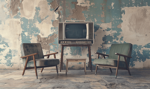 设置人摄影照片_地板上的旧电视机和两把老式椅子