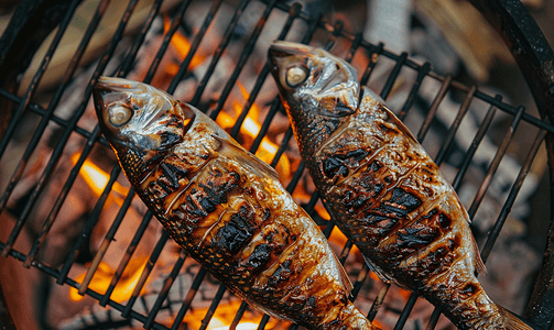 健康吸烟摄影照片_烤鲜鱼的顶级景观在户外用火烹饪烧烤海鲜