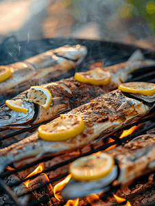 烤新鲜鲈鱼配柠檬片在户外火上烹饪烧烤海鲜